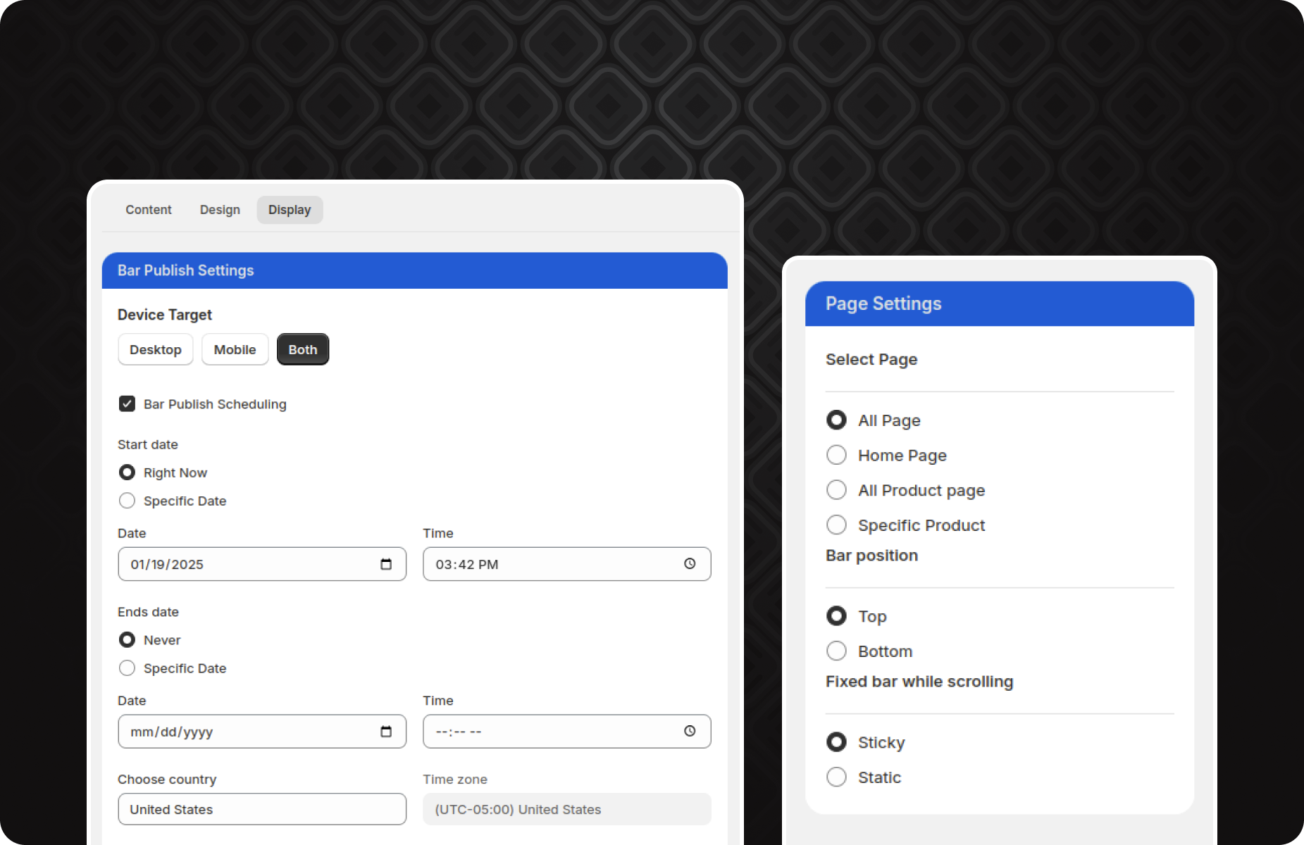 Announcement bar configuration panel showing device targeting options