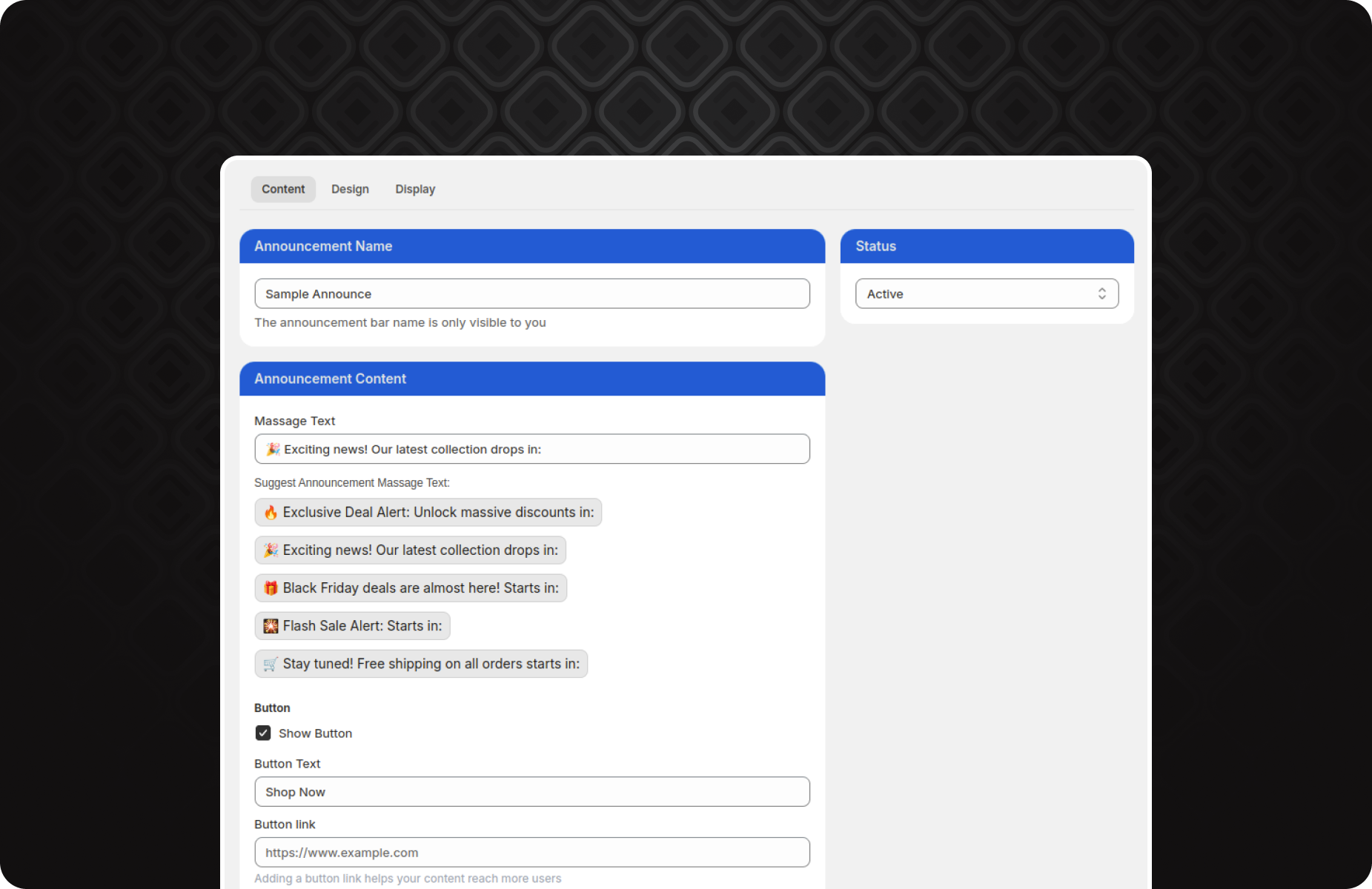 Marketing dashboard interface showing sales performance metrics