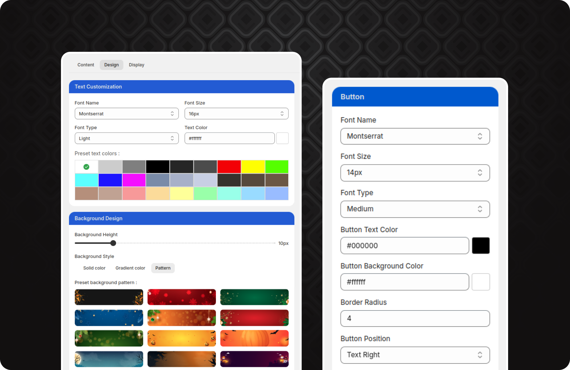 Design customization interface showing typography and color options